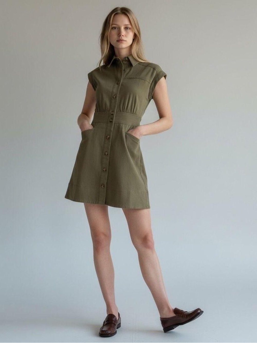 SPANX - Button Front Stretch Twill Utility Short Sleeve Army Green Dress SZ XS